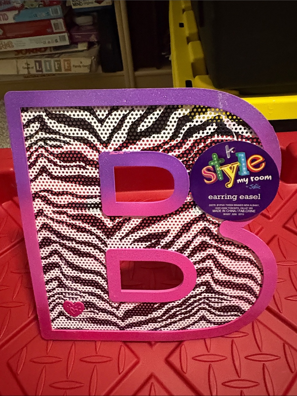 Justice Pink Purple Zebra 'B' Earring Easel